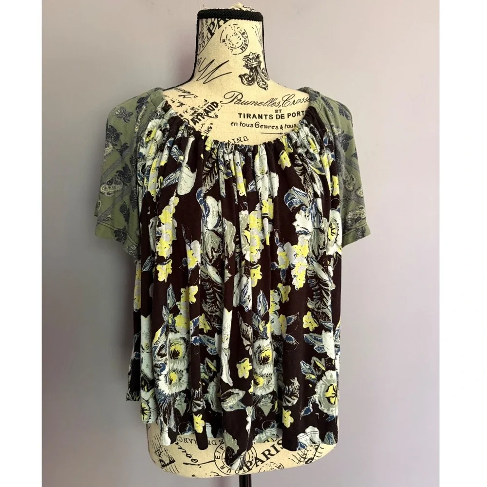 Free People Mixed Floral Paisley Cold Shoulder Open Back Tie‎ Top Green Black XS
